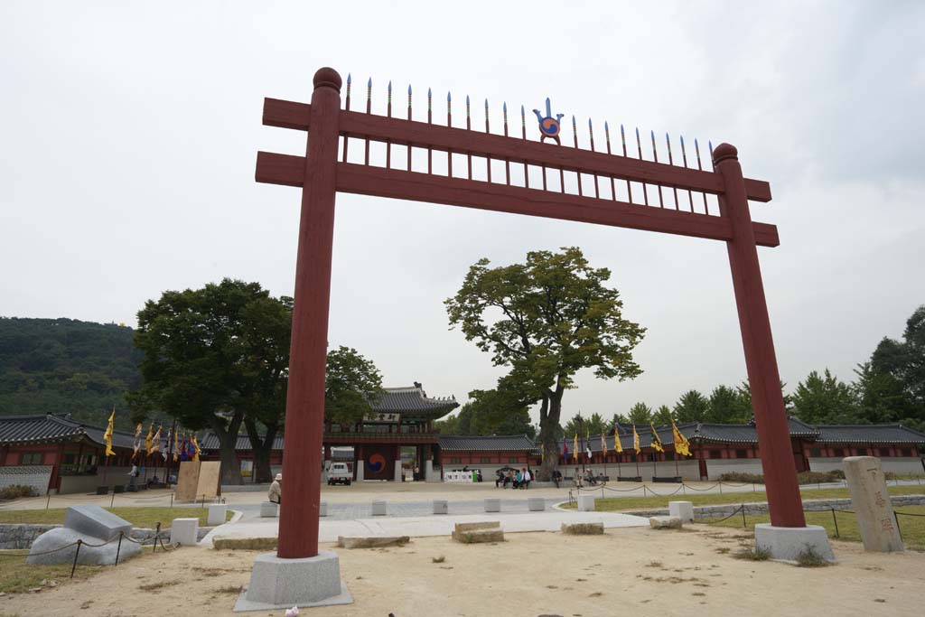 Foto, materieel, vrij, landschap, schilderstuk, bevoorraden foto,Hwaseong Vesting tijdelijke paleis toegang, Chan TANDVLEES, De poort, Laagte-kweken paard monument, Regering werkkring