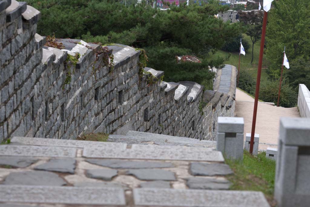 Foto, materiell, befreit, Landschaft, Bild, hat Foto auf Lager,Het kasteel muur Van Hwaseong Fortress, Burg, steinigen Sie Brgersteig, Ziegel, Burgmauer