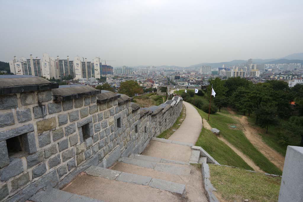 Foto, materiell, befreit, Landschaft, Bild, hat Foto auf Lager,Het kasteel muur Van Hwaseong Fortress, Burg, steinigen Sie Brgersteig, Ziegel, Burgmauer