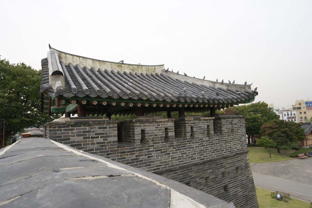 fotografia, materiale, libero il panorama, dipinga, fotografia di scorta,Kitanishi spara torre di Fortezza di Hwaseong, castello, prenda a sassate pavimentazione, tegola, muro di castello