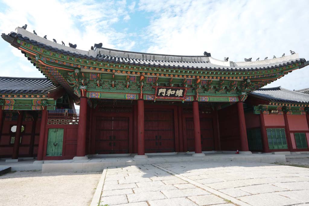 Foto, materieel, vrij, landschap, schilderstuk, bevoorraden foto,De Iwa poort van Kyng-bokkung, Van hout gebouw, Wereld heritage, Confucianism, Vele trant kavelt