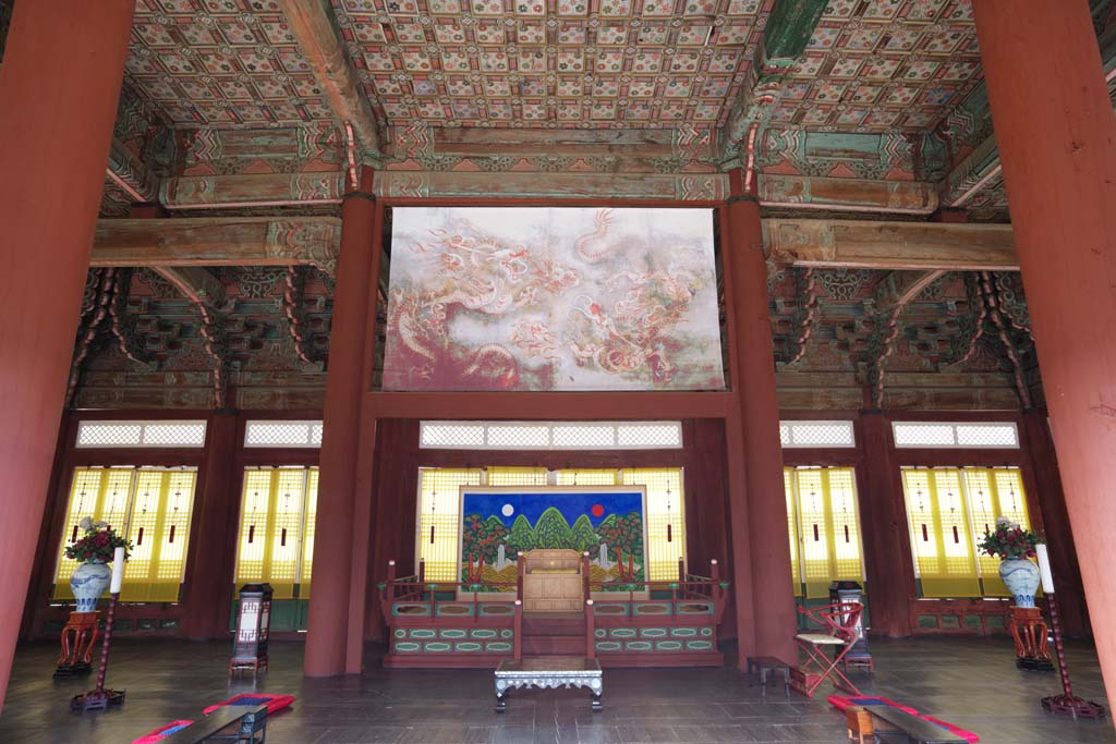 fotografia, material, livra, ajardine, imagine, proveja fotografia,A cadeira de um Imperador de Kyng-bokkung, edifcio de madeira, herana mundial, Rei, almofada
