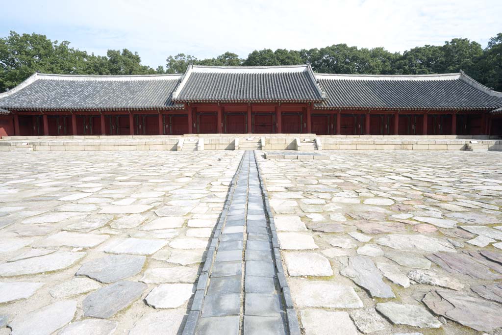 Foto, materiell, befreit, Landschaft, Bild, hat Foto auf Lager,Einei Van het voorouderlijke mausoleum Van de Imperial Family, Jongmyo-Schrein, Religiser Dienst, , Wing zeugt groen Knig