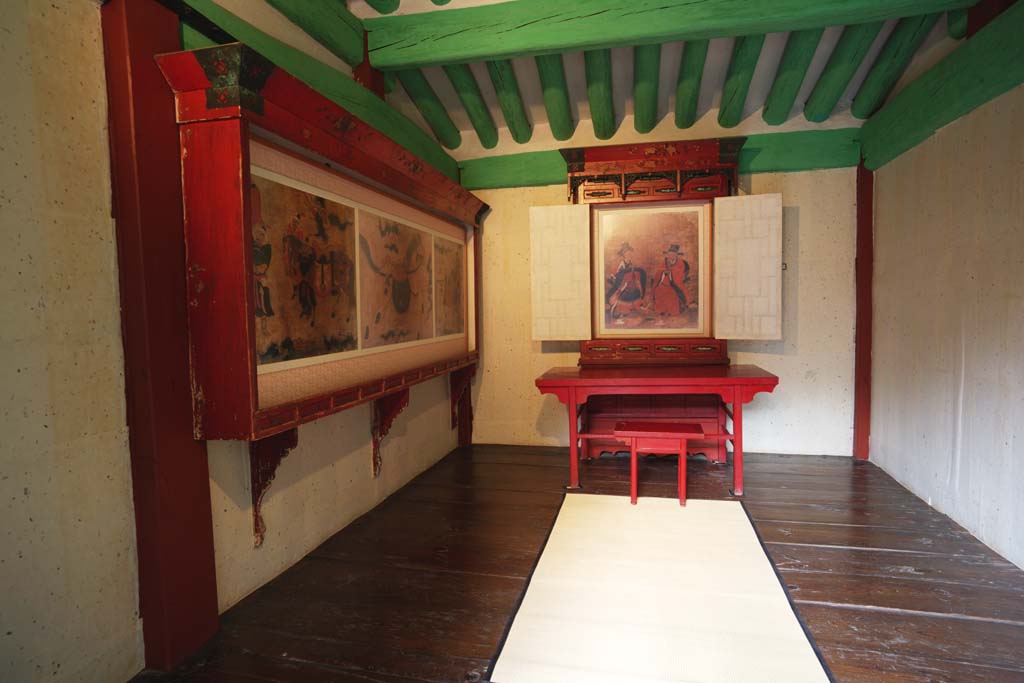 Foto, materieel, vrij, landschap, schilderstuk, bevoorraden foto,Een schilderstuk en calligraphic werk van Shrine For Kongmin-wang, Saiku, Maaltijd diende bij een tempel kamer, Festiviteit bekleedt, Godsdienstige dienst