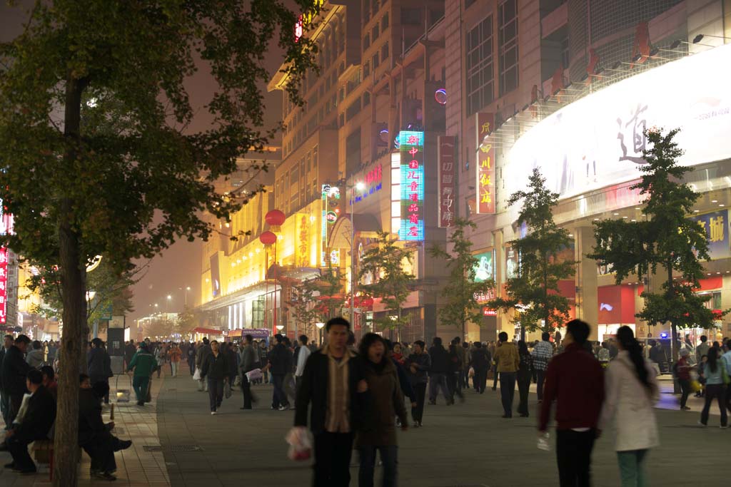 Foto, materiell, befreit, Landschaft, Bild, hat Foto auf Lager,Wangfujing-Strae in den Abend, Neon, Chinesisch, Verkehr, Baum an der Strae