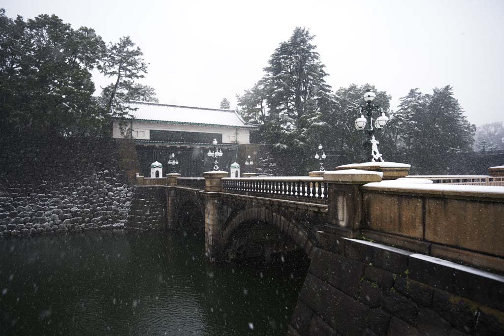 Foto, materiell, befreit, Landschaft, Bild, hat Foto auf Lager,Schnee Doppel-Brcke, Wassergraben, Palast, Kaiserliche Wache, Schneefall