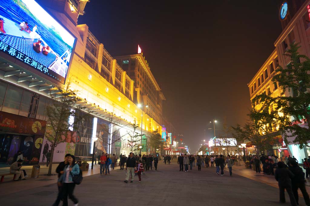 Foto, materieel, vrij, landschap, schilderstuk, bevoorraden foto,Wangfujing Street in de avond, Neon, Chinees, Verkeer, Berm boom