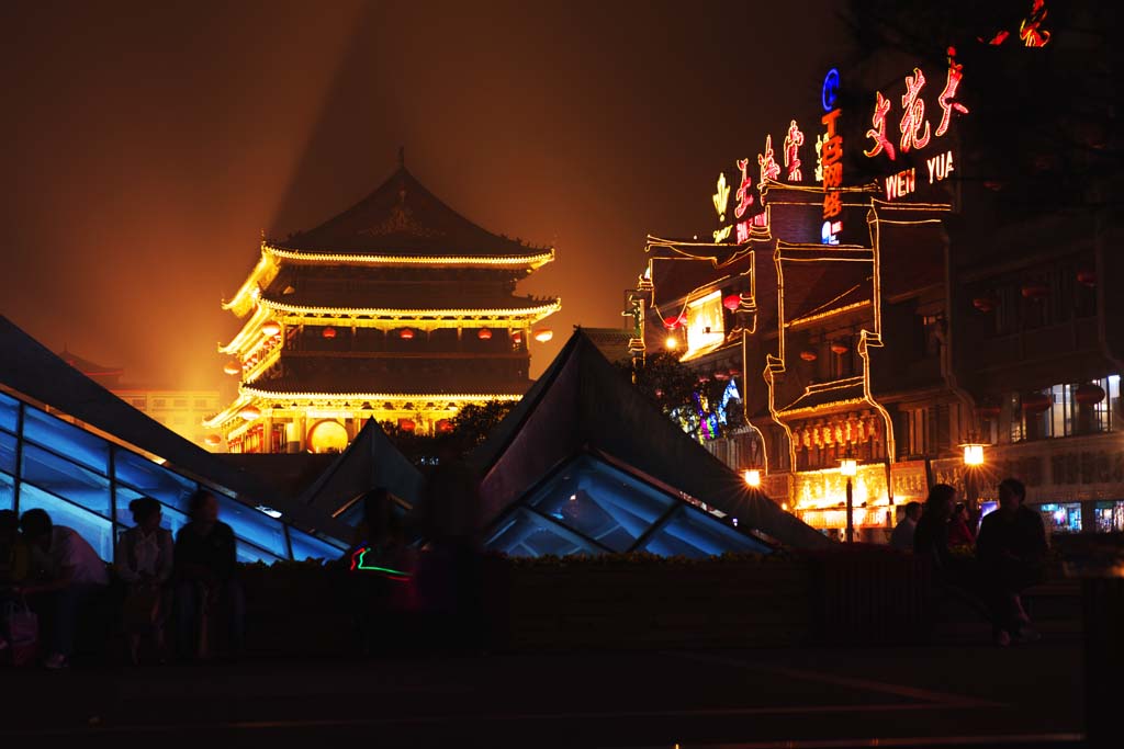 foto,tela,gratis,paisaje,fotografa,idea,Drum Tower en Xi'an, Torre de tambor, Chang 'an, Historia, Courier