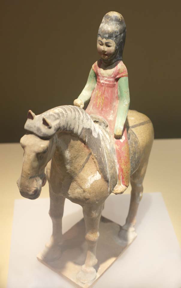 photo,material,free,landscape,picture,stock photo,Creative Commons,Painted Female Forse Rider with Pointed Hat, Pottery, Ancient China, Figurine, Ornament