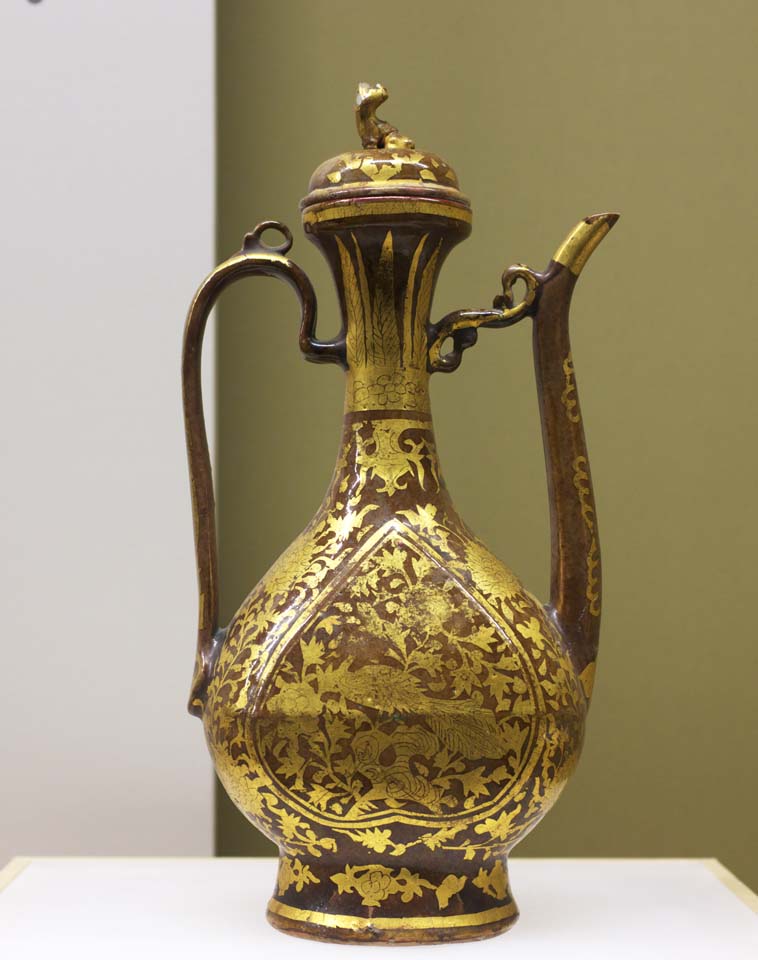 photo,material,free,landscape,picture,stock photo,Creative Commons,Brown-Glazed Pitcher with Golden of Peacock and Peony, Pottery, Ancient China, Pitcher, Jug