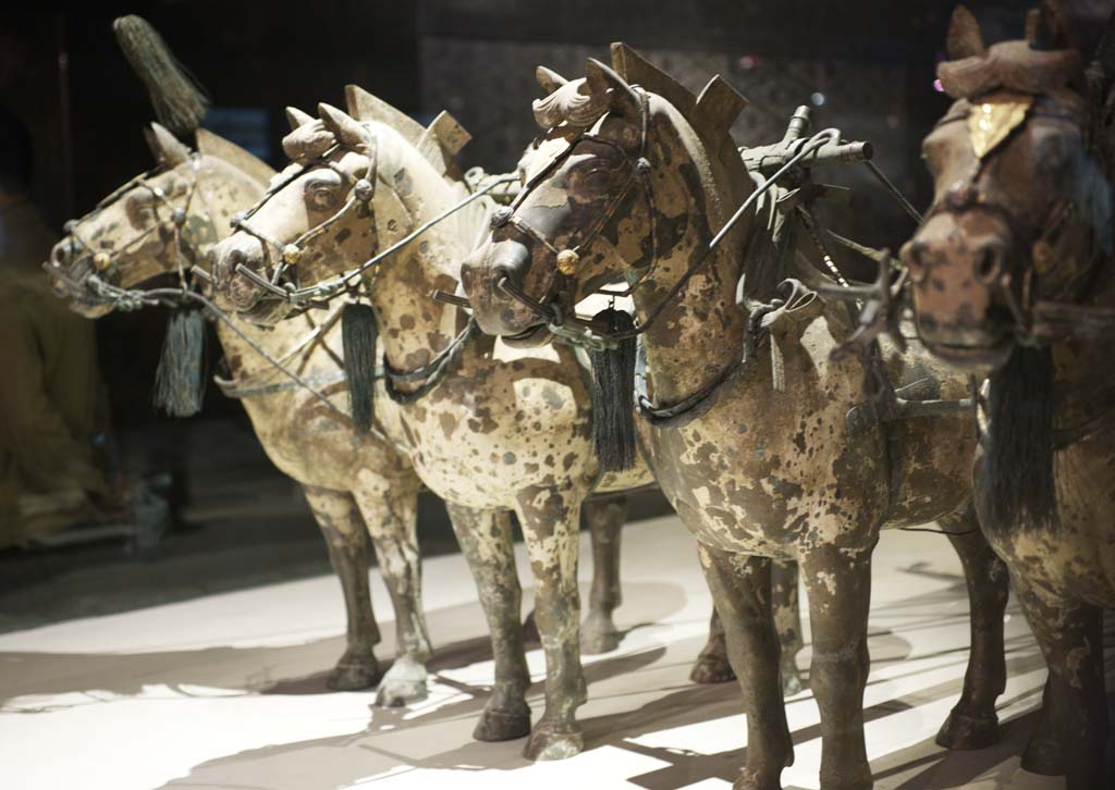 Foto, materieel, vrij, landschap, schilderstuk, bevoorraden foto,Brons Chariot en Paarden in Mausoleum van de eerste keizer Qin, Paard-gehoosde smeris, Oeroud volk, Groeve, Wereld Heritage