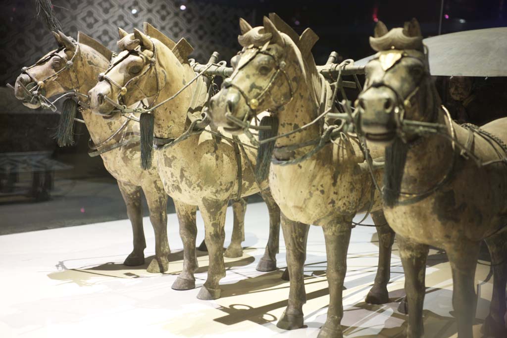 Foto, materieel, vrij, landschap, schilderstuk, bevoorraden foto,Brons Chariot en Paarden in Mausoleum van de eerste keizer Qin, Paard-gehoosde smeris, Oeroud volk, Groeve, Wereld Heritage