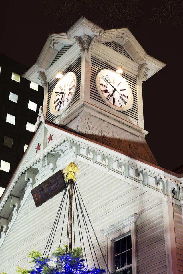 Foto, materieel, vrij, landschap, schilderstuk, bevoorraden foto,Sapporo klokkentoren, Klok toren, Wijzerplaat, Verlichting-boven, Werd Bemachtigd