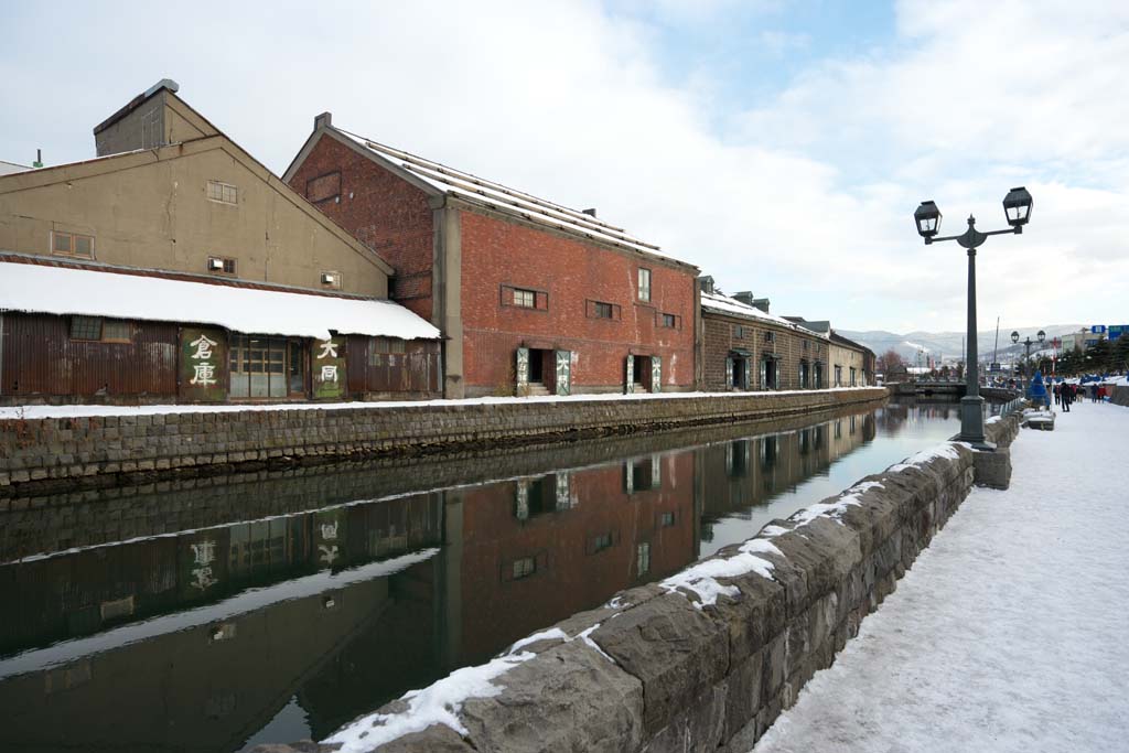 Foto, materieel, vrij, landschap, schilderstuk, bevoorraden foto,Otaru Canal, Kanaal, Magazijn, Straatlantaarn, Sneeuw dek