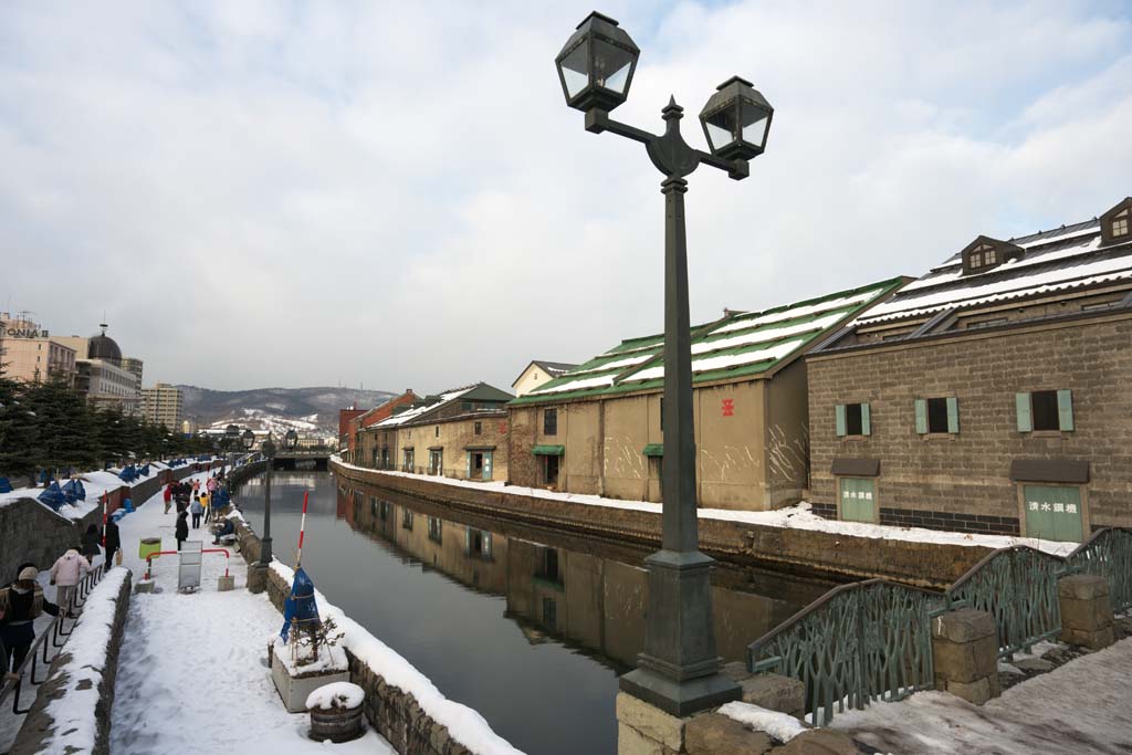 fotografia, material, livra, ajardine, imagine, proveja fotografia,Otaru canal, Canal, Armazm, Abajur de rua, Cobertura de neve