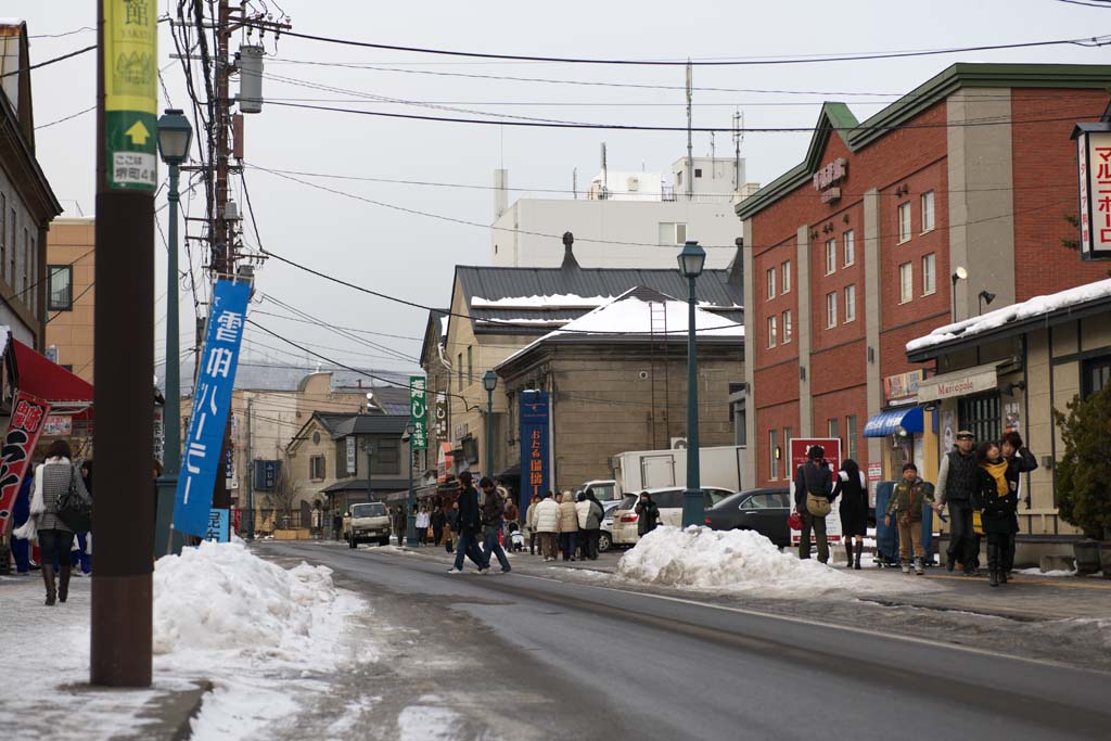 fotografia, materiale, libero il panorama, dipinga, fotografia di scorta,Otaru Street, mattone rosso, Negozio all'ingrosso, Rimozione di neve, Coperta di neve