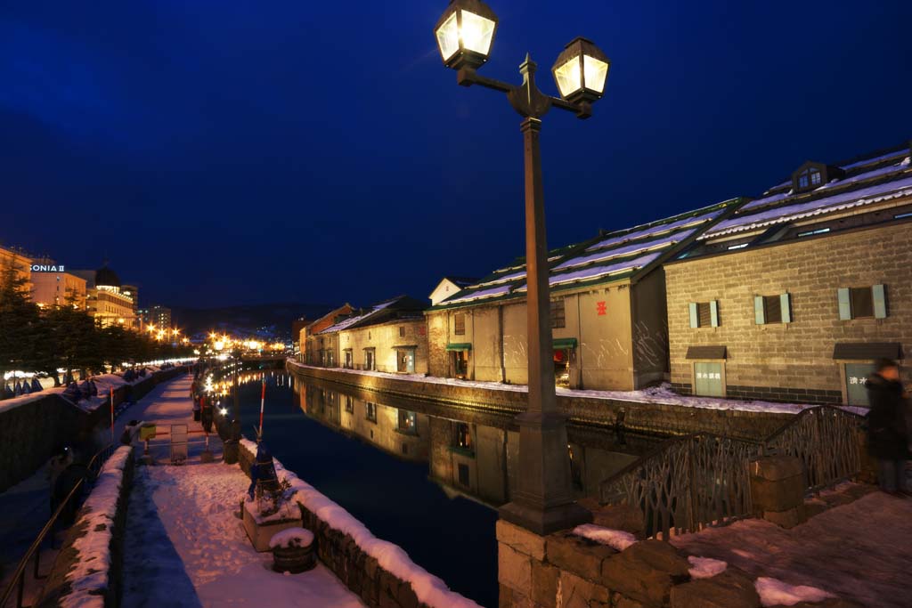 Foto, materieel, vrij, landschap, schilderstuk, bevoorraden foto,Otaru Canal, Kanaal, Magazijn, Straatlantaarn, Sneeuw dek