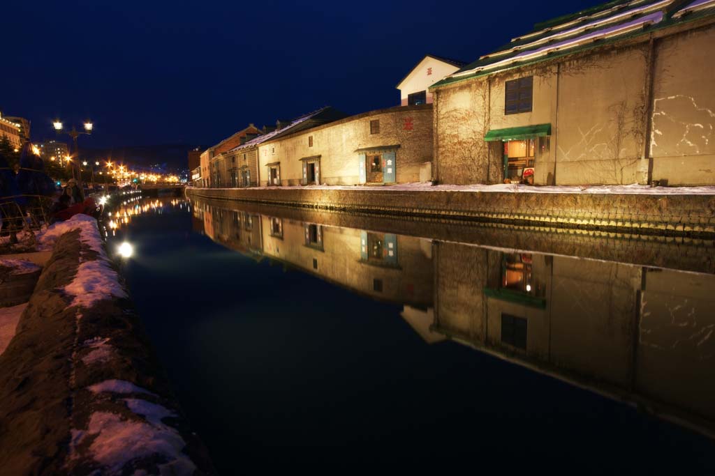 Foto, materieel, vrij, landschap, schilderstuk, bevoorraden foto,Otaru Canal, Kanaal, Magazijn, Straatlantaarn, Sneeuw dek