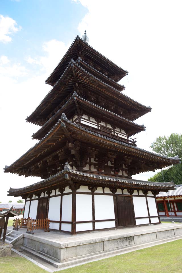 fotografia, material, livra, ajardine, imagine, proveja fotografia,Templo de Yakushi-ji torre oriental, Eu sou pintado em vermelho, O Buda de curar, Monastrio budista, Chaitya