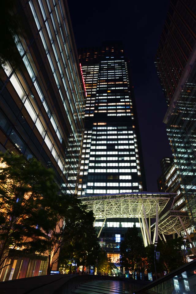 fotografia, materiale, libero il panorama, dipinga, fotografia di scorta,La notte del midtown di Tokio, Il centro, edificio a molti piani, Vetro, Un palazzo degli uffici
