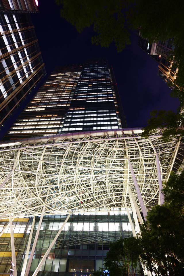 fotografia, materiale, libero il panorama, dipinga, fotografia di scorta,La notte del midtown di Tokio, Il centro, edificio a molti piani, Vetro, Un palazzo degli uffici