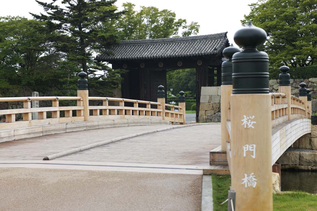 fotografia, materiale, libero il panorama, dipinga, fotografia di scorta,Himeji-jo il castello Ote-mon il cancello, Quattro tesori nazionali Arroccano, Il ponte di cancello di albero ciliegio, Shigetaka Kuroda, Hideyoshi Hashiba