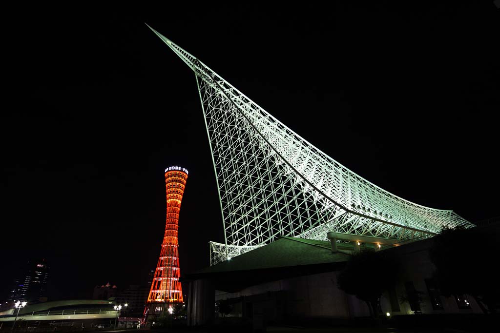 fotografia, materiale, libero il panorama, dipinga, fotografia di scorta,Notte del porto di Kobe, Museo di oceano di Kobe, la torre di porto, barca di piacere, attrazione turistica