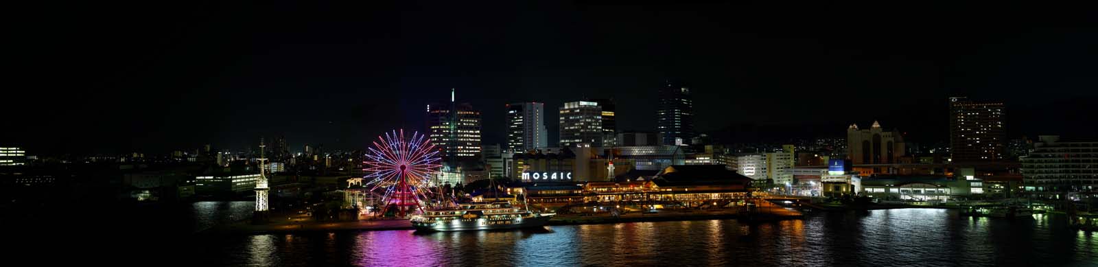 foto,tela,gratis,paisaje,fotografa,idea,Movimiento amplio de visualizacin de noche de puerto de Kobe del ojo, Puerto, Rueda de Ferris, Barco de recreo, Atraccin turstica