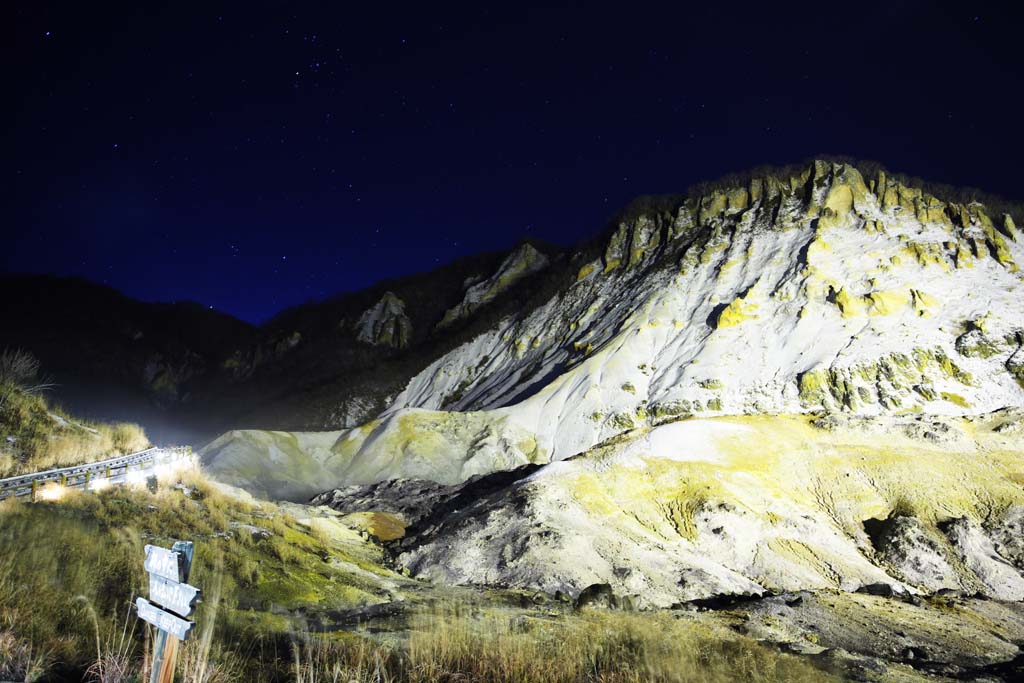 Foto, materiell, befreit, Landschaft, Bild, hat Foto auf Lager,Nacht von der Hlle, wo ein Stern fllt, Sternheller Himmel, Schwefel, Irdische Hitze, Vulkan