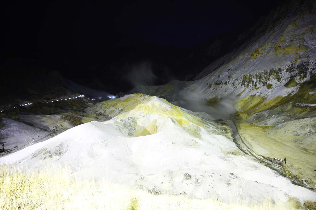 fotografia, material, livra, ajardine, imagine, proveja fotografia,Noboribetsu Onsen vale de inferno, fonte termal, Enxofre, Calor terrestre, vulco