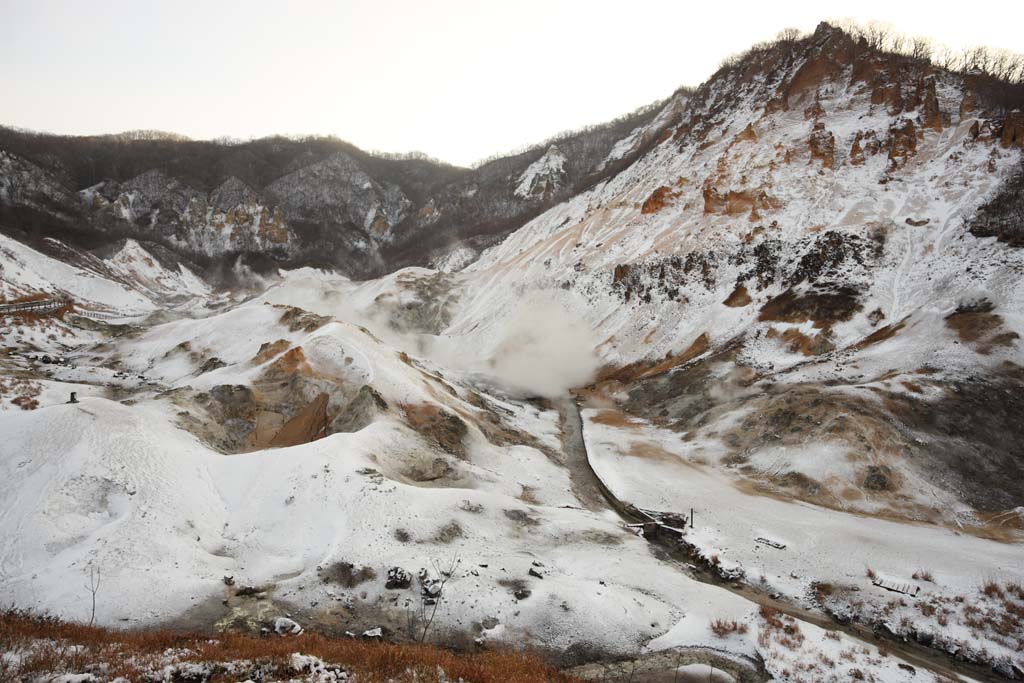 fotografia, materiale, libero il panorama, dipinga, fotografia di scorta,Noboribetsu Onsen valle di inferno, primavera calda, Zolfo, Calore terrestre, vulcano