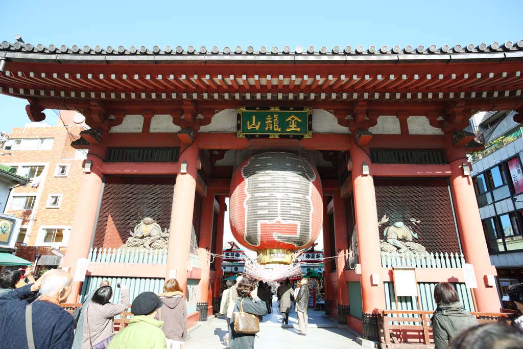 Foto, materieel, vrij, landschap, schilderstuk, bevoorraden foto,Kaminari-mon Poort, Bezoekende touristenplaats stip, Senso-ji Tempel, Asakusa, Lantaarn