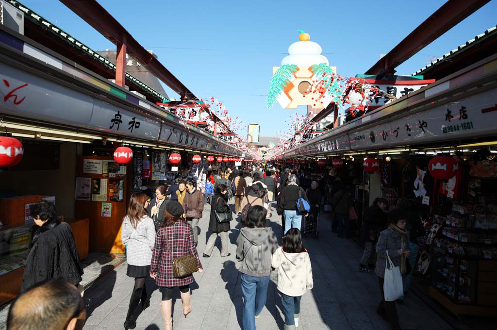 fotografia, materiale, libero il panorama, dipinga, fotografia di scorta,La produzione di negozi che solcano un corridoio, turista, Tempio di Senso-ji, Asakusa, L'anno Nuovo villeggia decorazione