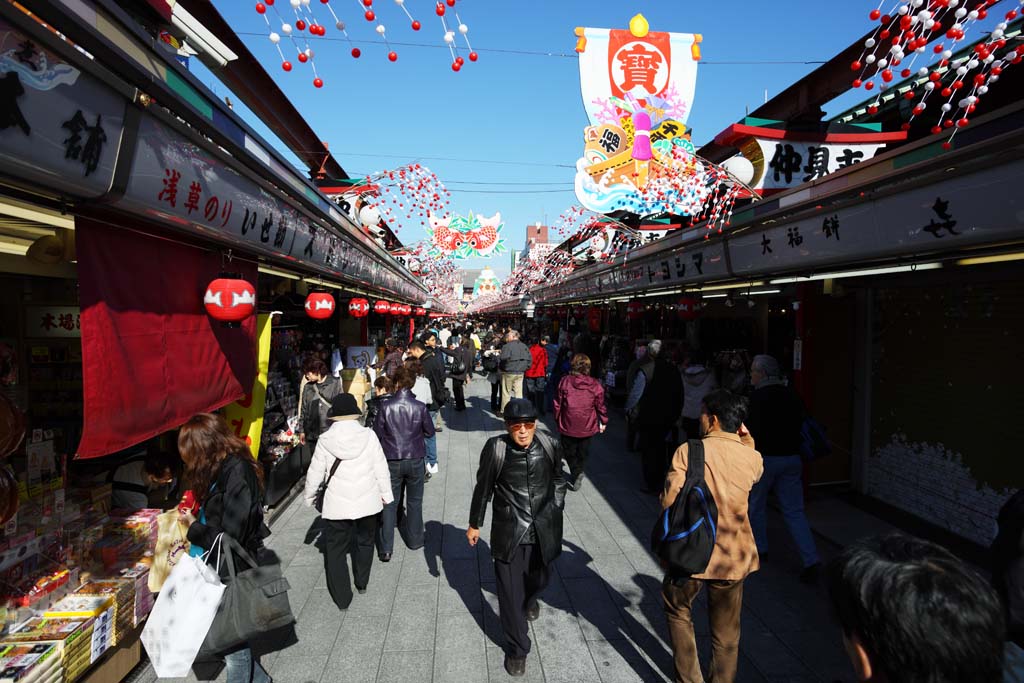 fotografia, material, livra, ajardine, imagine, proveja fotografia,O aparecimento de lojas que revestem uma passagem, turista, Templo de Senso-ji, Asakusa, Decorao de feriados de Ano novo