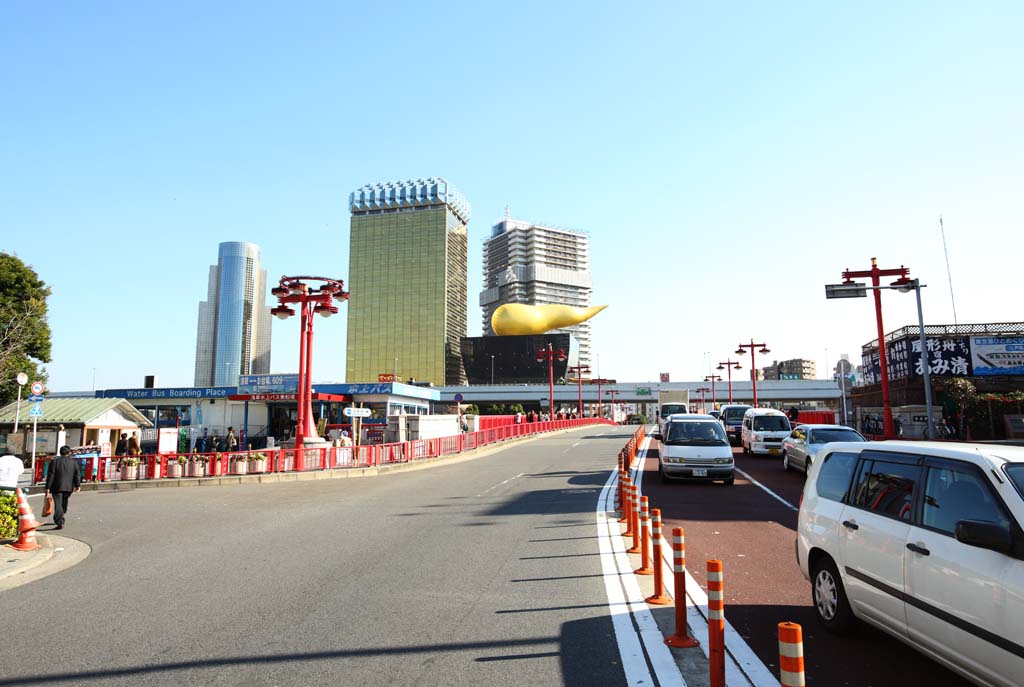 fotografia, materiale, libero il panorama, dipinga, fotografia di scorta,Scenario di Azumabashi, Asakusa, Philippe Starck, strada pavimentata, macchina