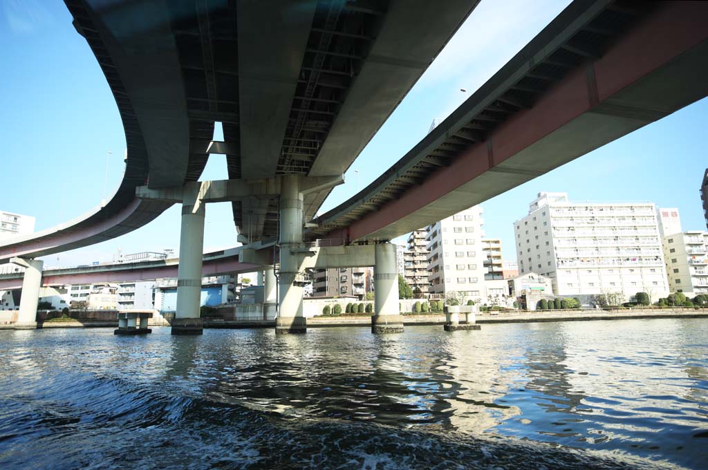 Foto, materieel, vrij, landschap, schilderstuk, bevoorraden foto,De brug van de Metropolitische autoweg, Brug, Sumida Rivier stamen, Rijweg, Verkeer