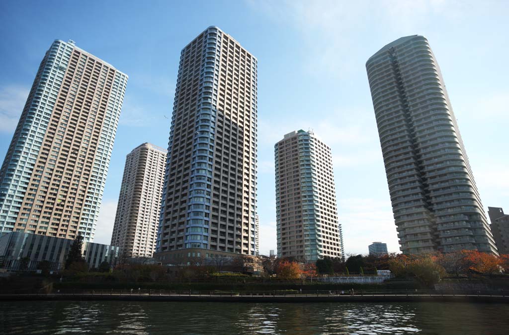 Foto, materieel, vrij, landschap, schilderstuk, bevoorraden foto,Hoog appartement groep van Tsukuda, Hoogbouw, Sumida Rivier stamen, Huis, Een appartement