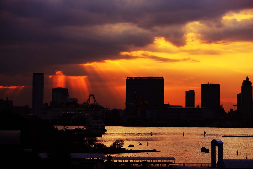 fotografia, material, livra, ajardine, imagine, proveja fotografia,Crepsculo de Odaiba, ponte, nuvem, date curso, litoral desenvolveu centro de cidade recentemente