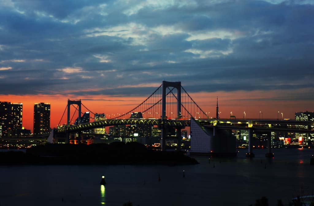 Foto, materieel, vrij, landschap, schilderstuk, bevoorraden foto,Schemering van Odaiba, Brug, Wolk, Dateer koers, Kustlijn nieuw ontwikkelde stad centreren