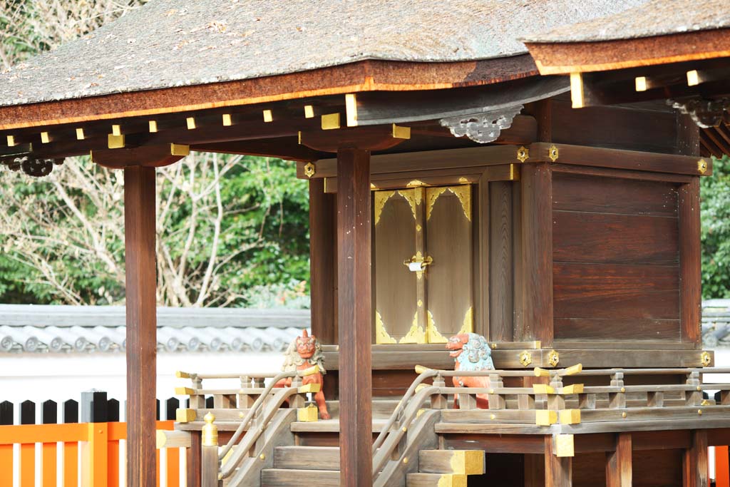 Foto, materiell, befreit, Landschaft, Bild, hat Foto auf Lager,Shimogamo Shrine Gesellschaft Mitsui Corporation, Eine Opferungskiste, hlzernes Gebude, rotes Paar von Steinhterhunden, Metallzubehr des Geldes