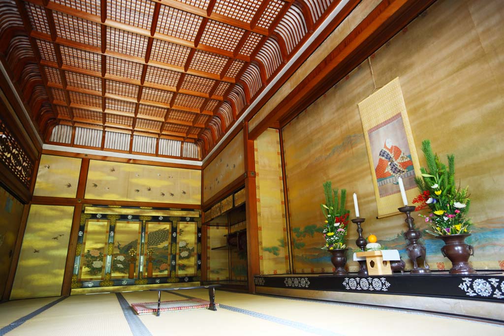 fotografia, materiale, libero il panorama, dipinga, fotografia di scorta,Ninna-ji tempio Cresta tibiale*-luogo tranquillo, Foglia di oro, Stanza di Giapponese-stile, Dipinto tradizionale giapponese, Gorgeousness