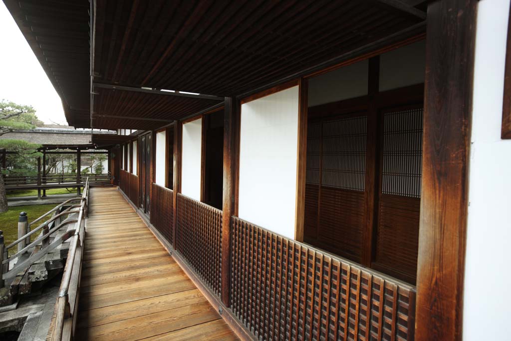 Foto, materiell, befreit, Landschaft, Bild, hat Foto auf Lager,Ninna-ji-Tempel Schienbein-Bau, shoji, hlzernes Gebude, Unter den Dachberhngen, Korridor