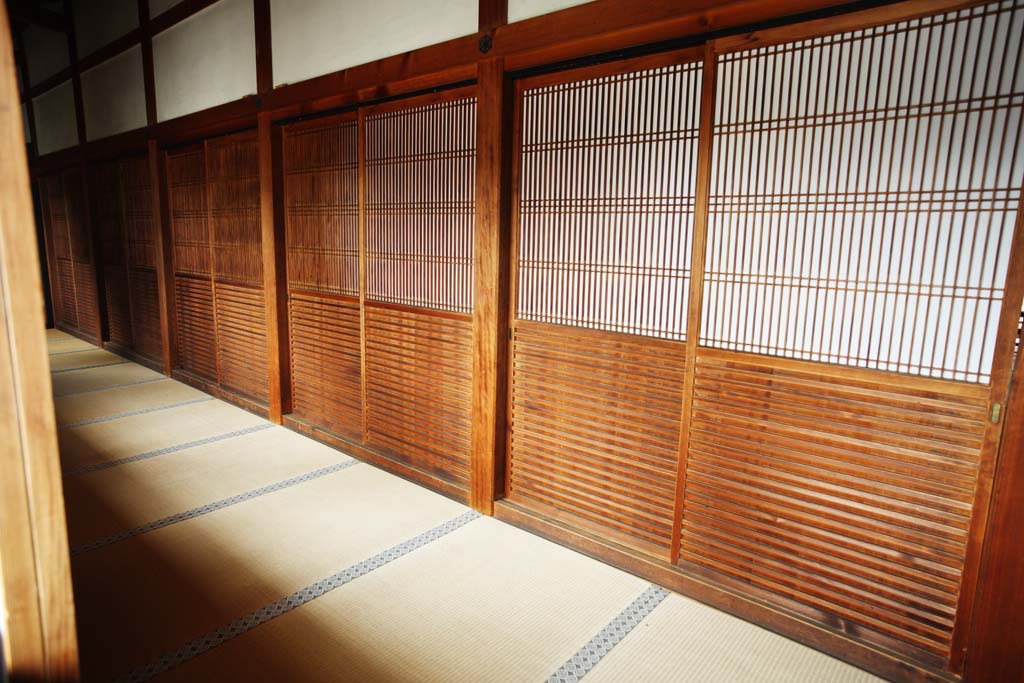 photo, la matire, libre, amnage, dcrivez, photo de la rserve,Devant de la jambe-repaire de temple Ninna-ji, shoji, btiment en bois, Sous l'avant-toit, les tatami nattent