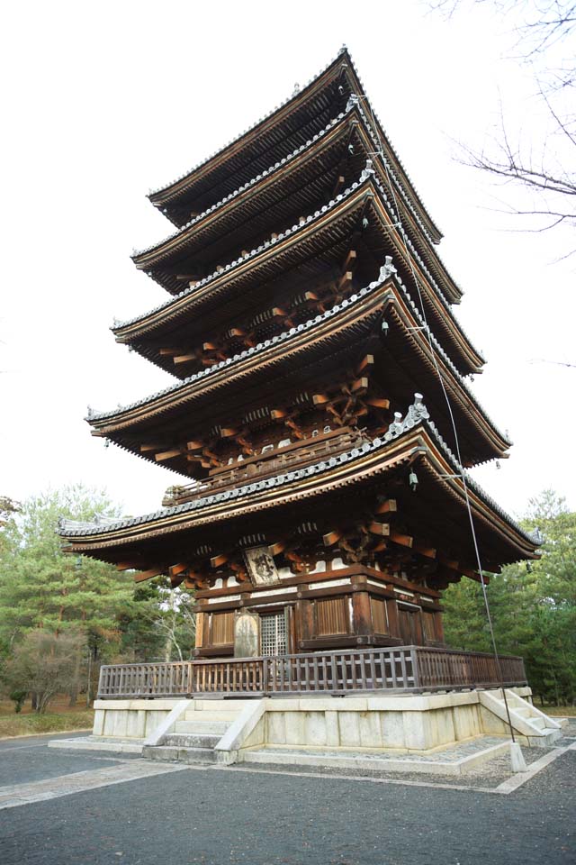 Foto, materiell, befreit, Landschaft, Bild, hat Foto auf Lager,Ninna-ji-Tempel fnf Storeyed-Pagode, Grat-Endziegel, Sanskritcharaktere, Chaitya, Welterbe