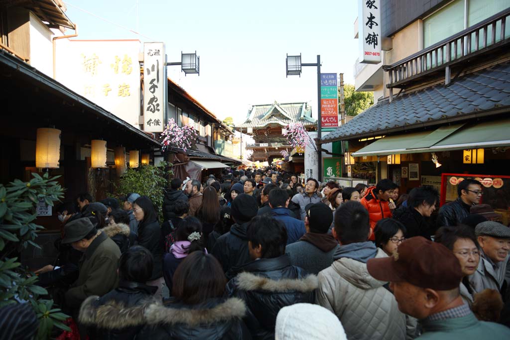 Foto, materieel, vrij, landschap, schilderstuk, bevoorraden foto,Ht benadering van Shibamata Taishaku-tien Tempel, Deva poort, Nieuw bezoek van Jaar naar een Shinto heiligdom, Worshiper, Grote congestie