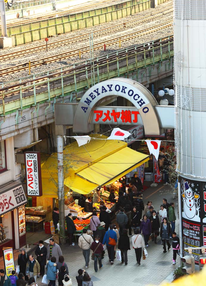 fotografia, materiale, libero il panorama, dipinga, fotografia di scorta,Arcata di Ameyoko-cho, bandiera nazionale, folla, Facendo compere, Buon affare