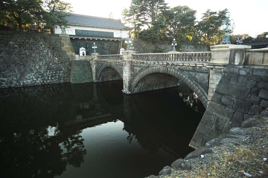 Foto, materieel, vrij, landschap, schilderstuk, bevoorraden foto,De Imperial Palace voorkant poort, Edo-jo Kasteel, De Imperial Household Agency, Moat, De Keizer