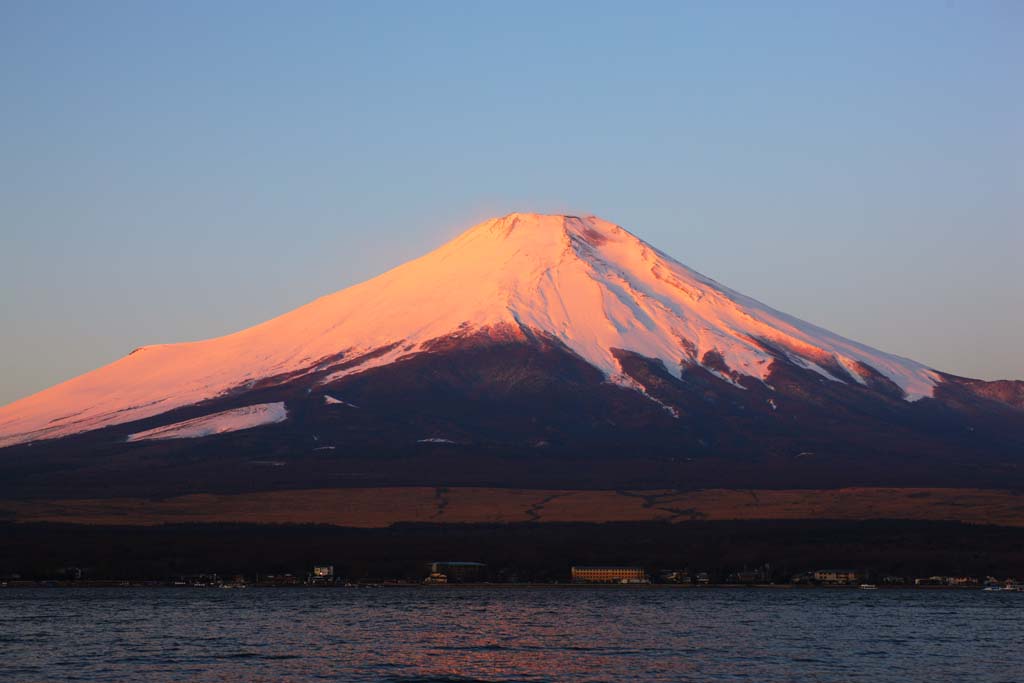 Foto, materieel, vrij, landschap, schilderstuk, bevoorraden foto,Rode Fuji, Fujiyama, De besneeuwde bergen, Vlak van een plas, De morgen gloeien