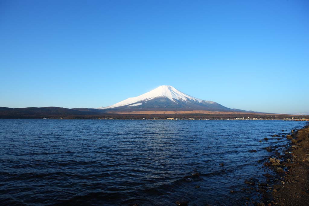 Foto, materiell, befreit, Landschaft, Bild, hat Foto auf Lager,Mt. Fuji, Fujiyama, Die schneebedeckten Berge, Oberflche eines Sees, blauer Himmel