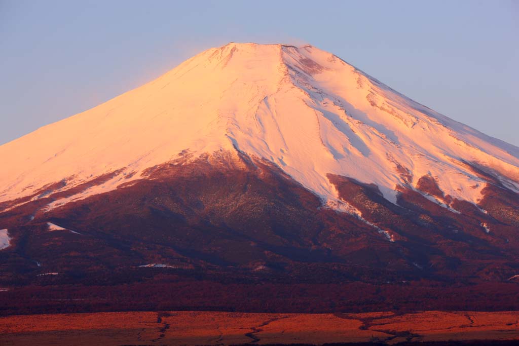 Foto, materieel, vrij, landschap, schilderstuk, bevoorraden foto,Rode Fuji, Fujiyama, De besneeuwde bergen, Vlak van een plas, De morgen gloeien